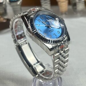Automatic Luxury Watch Blue Arabic Dial Jubilee Bracelet Date Fluted Bezel